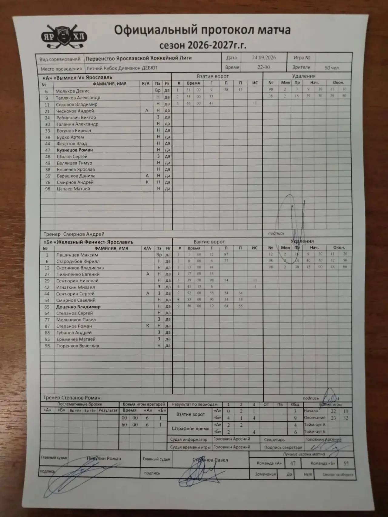 Скан протокола матча